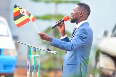 Bobi Wine, presidential candidate of Uganda's National Unity Platform, delivering New Year Address at NUP headquarters in Makerere-Kavule.