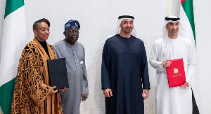 President Bola Tinubu and UAE President Mohamed bin Zayed Al Nahyan at the signing