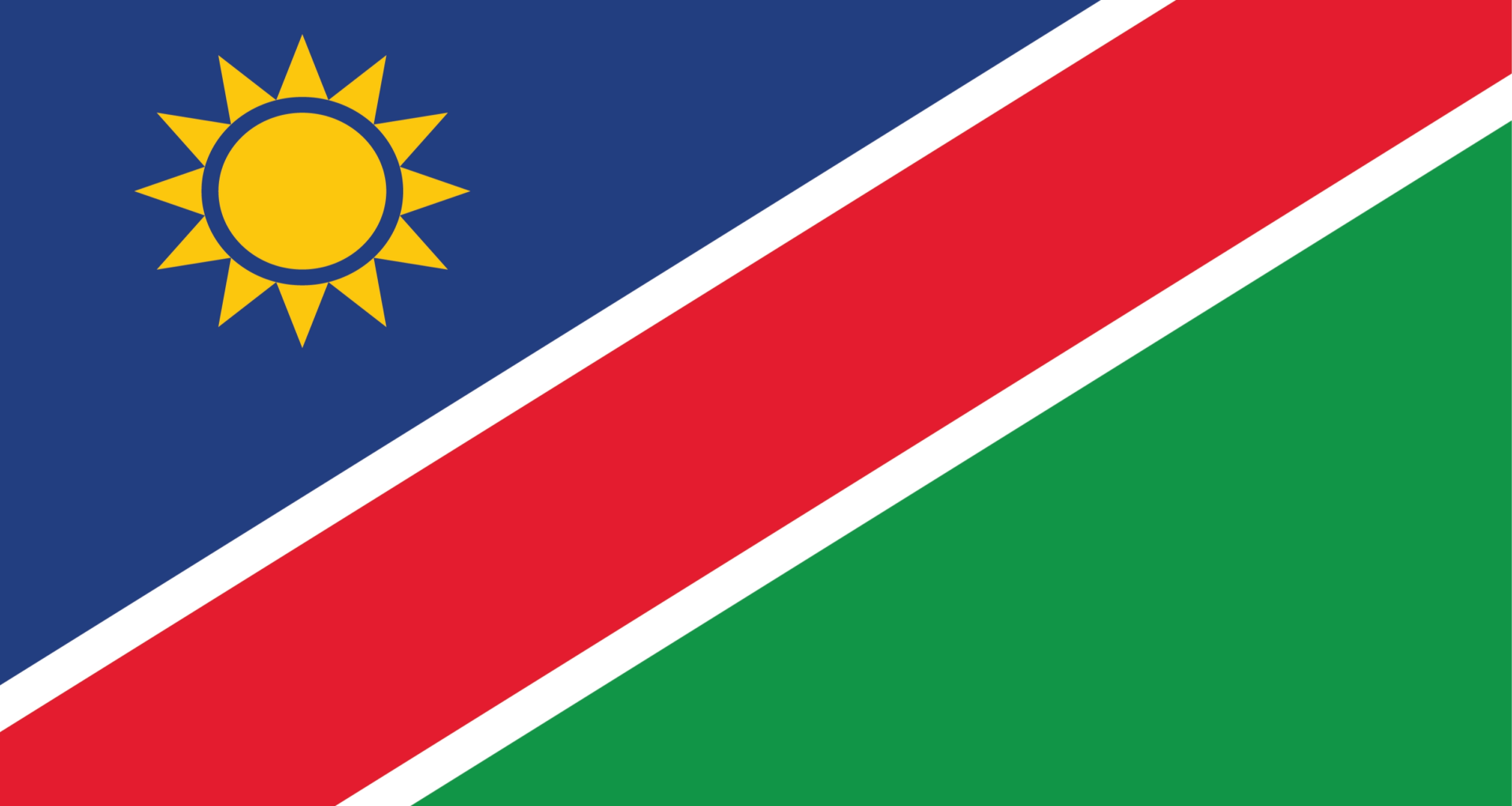 The Namibian flag has two horizontal stripes: blue on top, green on bottom. In the top left corner, there