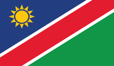 The Namibian flag has two horizontal stripes: blue on top, green on bottom. In the top left corner, there