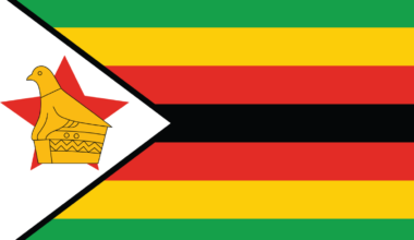 The flag of Zimbabwe consists of seven horizontal stripes of green, yellow, red, black, red, yellow, and green from top to bottom. In the top-left corner, there is a white triangle pointing towards the center of the flag, bordered by a thin black stripe. Inside the triangle, there is a representation of a bird.