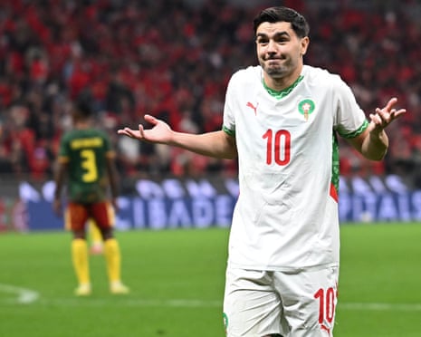 Morocco's Brahim Diaz celebrates after opening the scoring.