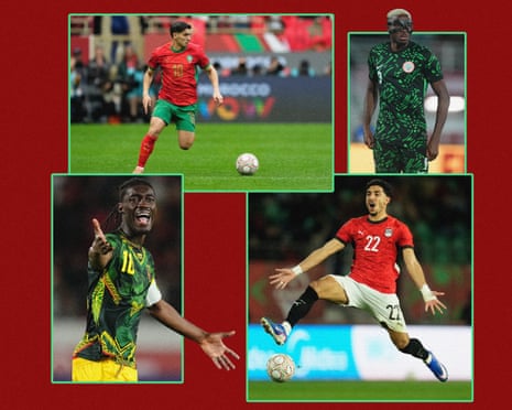 Clockwise from top left: Morocco’s Brahim Díaz, Nigeria striker Victor Osimhen, Omar Marmoush of Egypt and Côte d’Ivoire’s Yves Bissouma
