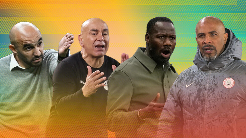 De gauche à droite : Walid Regragui (Maroc), Hossam Hassan (Egypte), Pape Thiaw (Sénégal) et Eric Chelle (Nigeria).