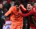 Morocco's goalkeeper Yassine Bounou (left) and  Brahim Diaz celebrate after winning the Africa Cup of Nations semi-final against Nigeria.