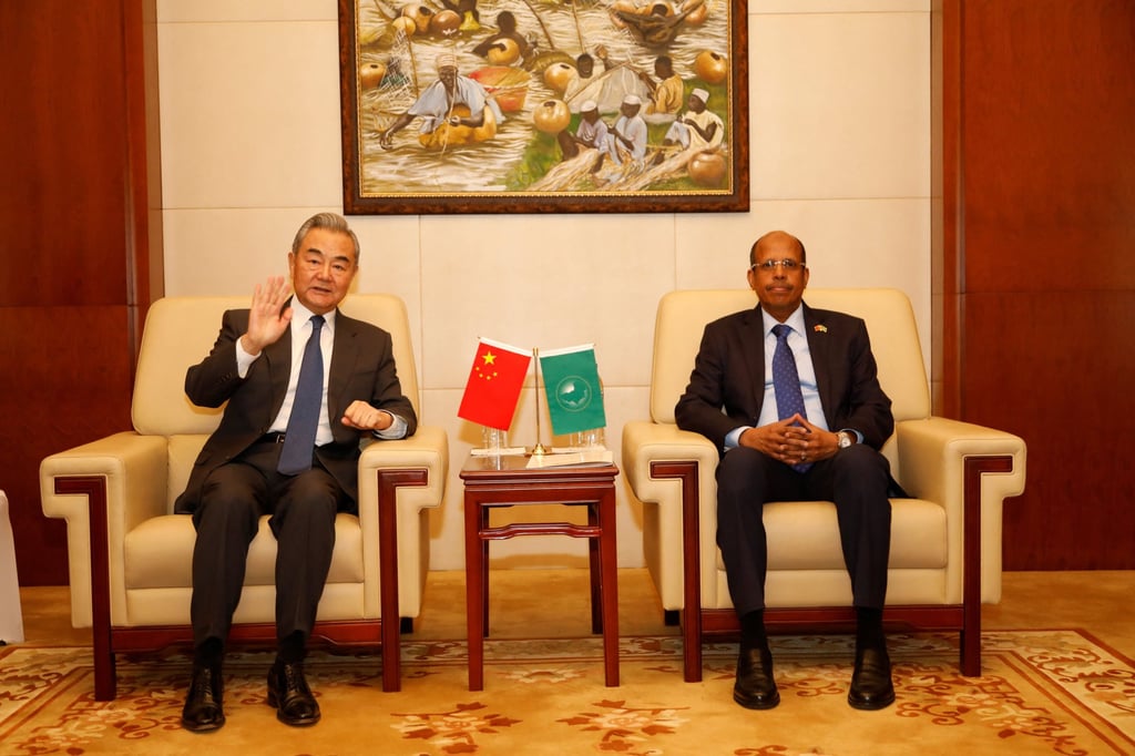 Chinese Foreign Minister Wang Yi with the chairman of the African Union Commission, Mahmoud Ali Youssouf, at the union’s headquarters in Addis Ababa, Ethiopia, on January 8. Photo: via Reuters