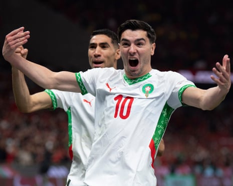 Brahim Díaz celebrates after opening the scoring for Morocco against Cameroon in the Afcon quarter-finals.