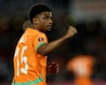 Ivory Coast's forward #15 Amad Diallo celebrates scoring the team's first goal during the Africa Cup of Nations (CAN) round of 16 football match between Ivory Coast and Burkina Faso at the Grand Stadium in Marrakesh on January 6, 2026.