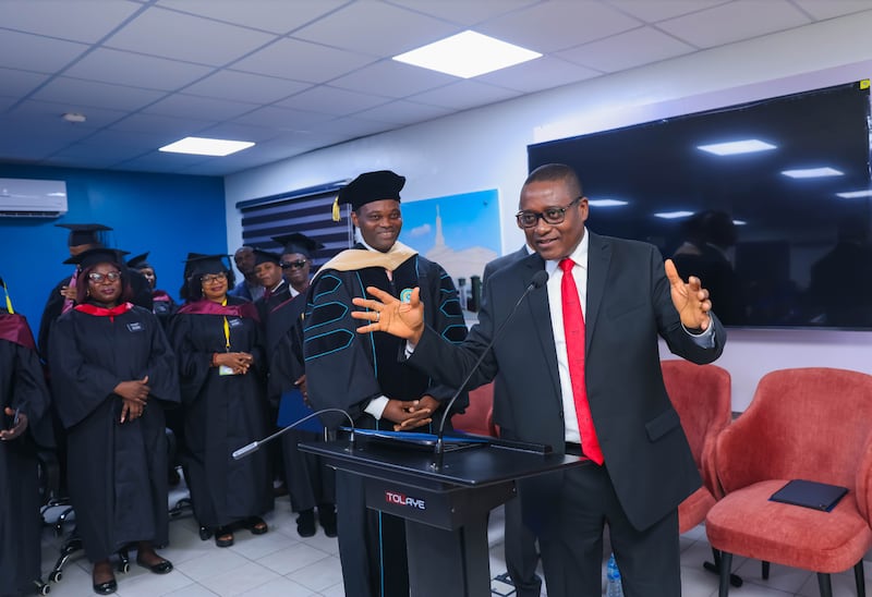 Elder Adeyinka Ojediran speaks to students who have completed BYU–Pathway Worldwide programs, Dec. 11, 2025, in Lagos, Nigeria.