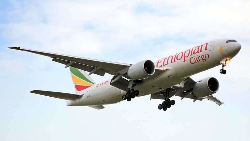 An Ethiopian Airlines Boeing 777 aircraft during flight.
