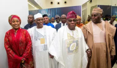 Former President Olusegun Obasanjo and former Vice President Atiku Abubakar at a colloquium in honour of former Speaker of the House of Representatives, Aminu Waziri Tambuwal