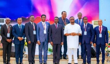 • Mr Afriyie Ankrah (third from right) with Apostle Amponsah-Frimpong and other executive members