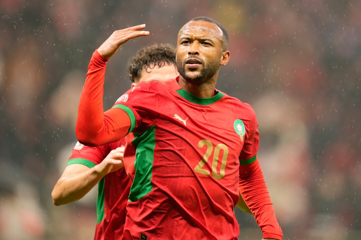 Morocco's Ayoub El Kaabi celebrates after scoring during the Africa Cup of Nations group A soccer match between Morocco and Comoros in Rabat, Morocco, Sunday, Dec. 21, 2025. (AP Photo/Mosa'ab Elshamy)