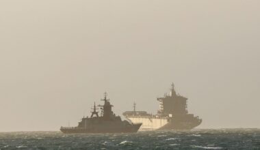 A Russian vessle sails next to an Iranian vessel in False Bay, near the Simon's Town Naval base on the last day of the BRICS Plus countries which include China, Russia and Iran for a joint naval exercises in South Africa's waters, in Cape Town, South Africa, January 16, 2026. REUTERS/Esa Alexander