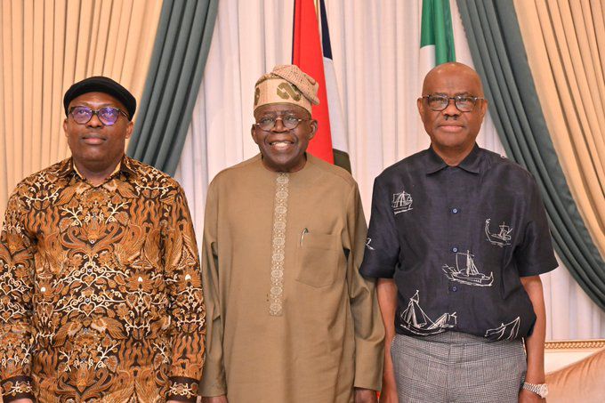 LR: Siminalayi Fubara, Rivers governor; President Bola Tinubu; and Nyesom Wike, FCT minister
