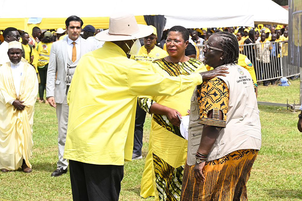 President Museveni talks to former Vice President Wandera Kazibwe (R) and Speaker of Parliament Anita Among during an NRM leaders' meeting for Busoga sub-region held at Iganga Girls School grounds in Iganga on Saturday, Jan. 10, 2026. (PPU Photo)