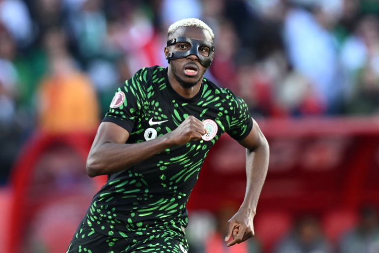 Nigeria's forward #09 Victor Osimhen during the Africa Cup of Nations (CAN) quarter-final football match between Algeria and Nigeria at the Grand stadium in Marrakesh on January 10, 2026.