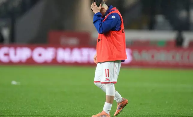 Tunisia's Ismael Gharbi walks off the pitch after the Africa Cup of Nations best of 16 soccer match between Mali and Tunisia in Casablanca, Morocco, Saturday, Jan. 3, 2026. (AP Photo/Themba Hadebe)