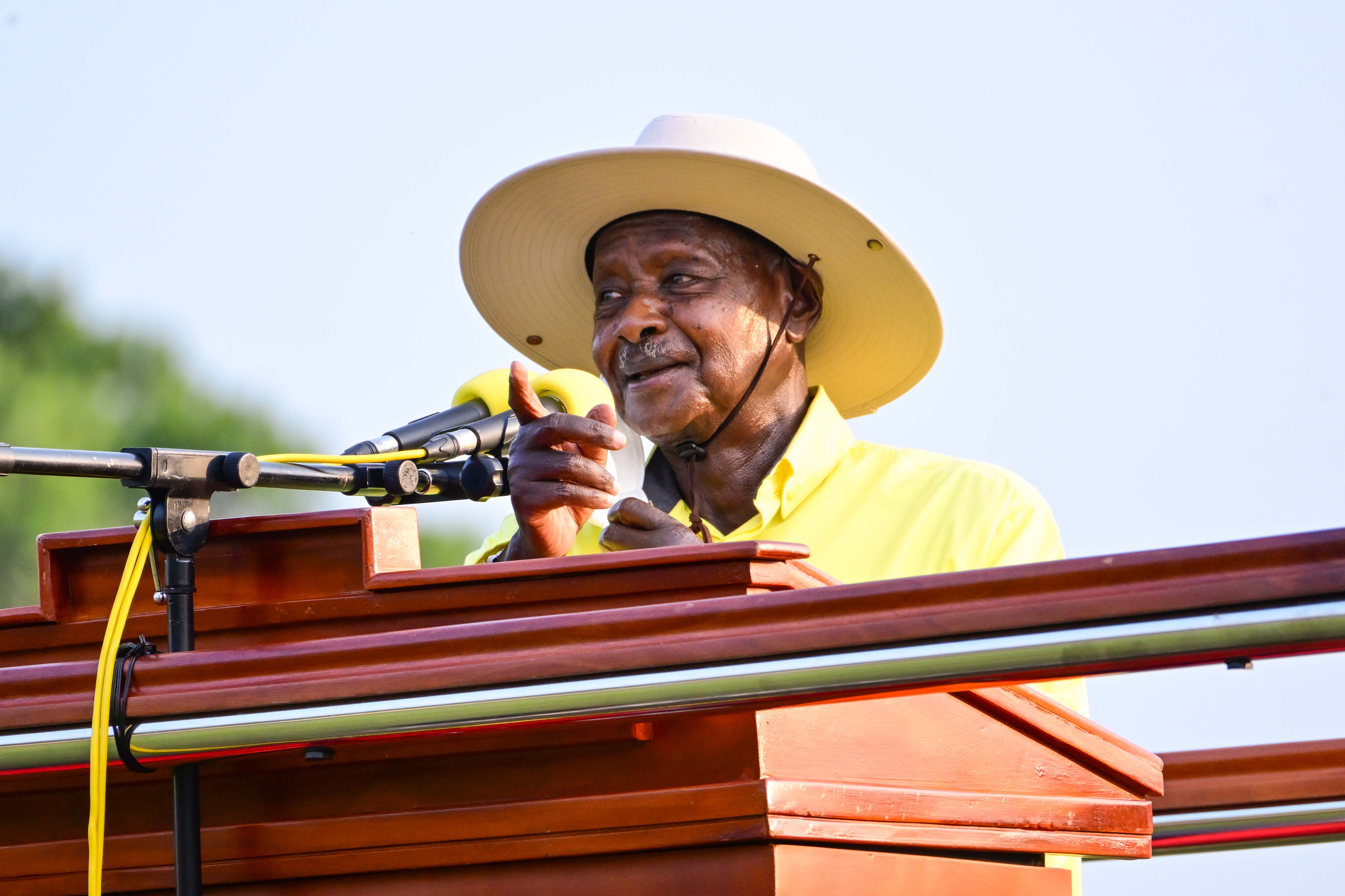 President Museveni, who is also the NRM Presidential candidate, addresses a campaign rally at Naggalama in Mukono district on Friday. (PPU Photos)