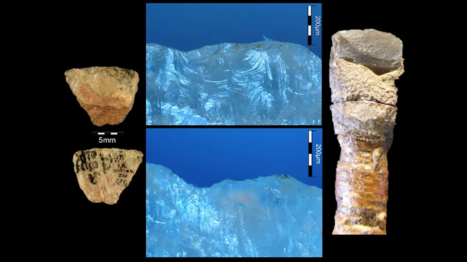 Front and back of an arrowhead with microscope images and a reconstruction of the arrow.
