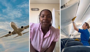 traveling aircraft (l) woman shares strange flight experience (c) flight attendant closing cabins (r)