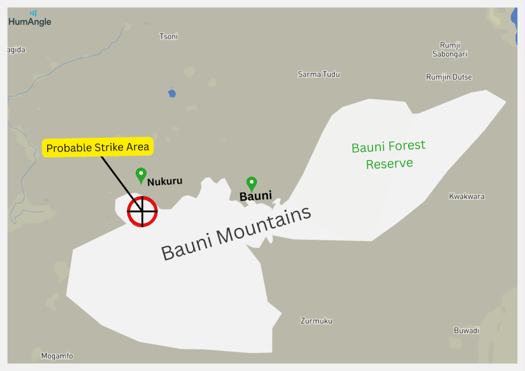 Map showing the Bauni Mountains with a probable strike area marked near Nukuru, adjacent to Bauni Forest Reserve.
