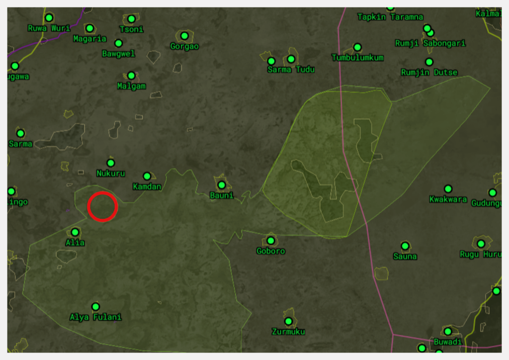Map showing various locations marked in green, connected by roads, with a red circle highlighting a specific area.