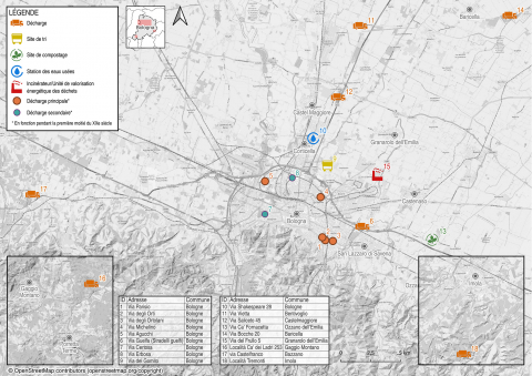 Fig. 2. Carte des installations pour la gestion des déchets à Bologne et province (1890-2002). Auteur : Giovanni Lupieri.