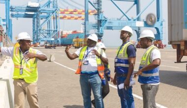 Mustapha Adamah (2nd from left), Head of Maritime Security, Search and Rescue at GMA, interacting with Hazardous Supervisors at MPS Terminal at Tema Port