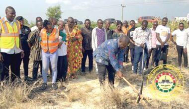 James Gunu, Volta Regional Minister, cutting the sod for one of the projects. With him include Maxwell Kwame Lukutor (left), MP, South Tongu, and Victoria Dzeklo (2nd from left), DCE