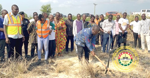 James Gunu, Volta Regional Minister, cutting the sod for one of the projects. With him include Maxwell Kwame Lukutor (left), MP, South Tongu, and Victoria Dzeklo (2nd from left), DCE