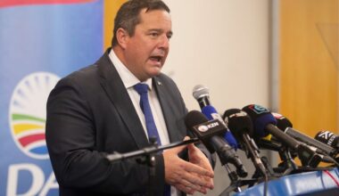 DA leader John Steenhuisen speaks at a press conference where he announced he will not seek re-election to the DA