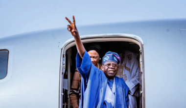 President Bola Tinubu and Remi Tinubu disembarking from plane