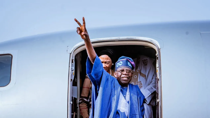 President Bola Tinubu and Remi Tinubu disembarking from plane