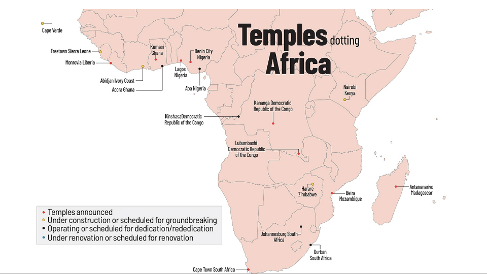 A map shows the Church’s temples throughout the African continent. Temples and their statuses are as of January 21, 2022. Image credit: Aaron Thorup, courtesy of Church News.