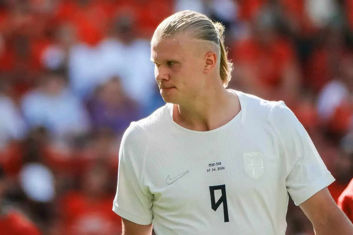 Norway forward Erling Haaland (9) looks on during an international friendly soccer match against Morocco, Sunday, June 7, 2026, in Harrison, N.J. (AP Photo/Eduardo Munoz Alvarez)