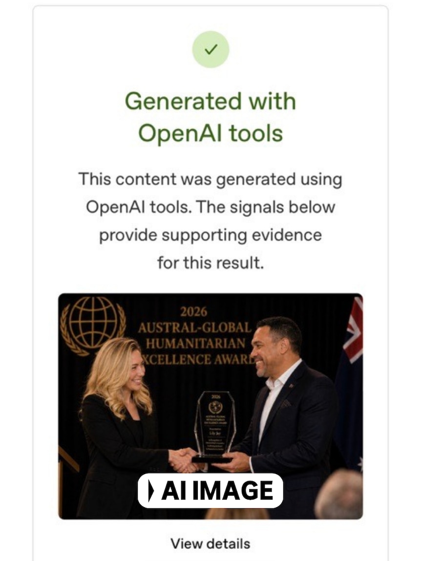 A blonde woman receiving an award from a man in a suit. The image is embedded in an AI detection tool which says it is a fake