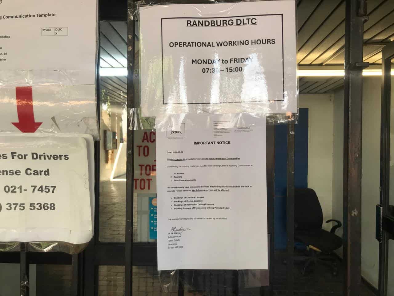 Randburg licence centre suspends services due to shortage of consumables