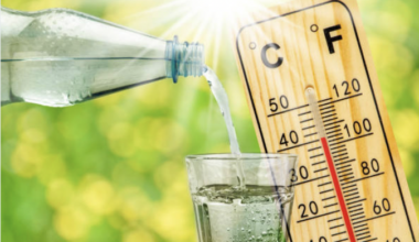 thermometer shows high temperature in summer heat and bottle with water and drinking glass