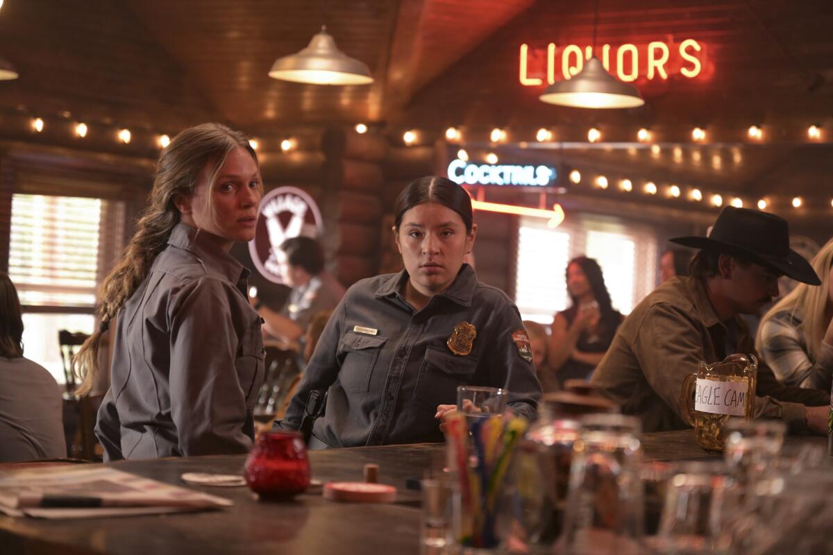 Two women in uniform stand near a bartop.