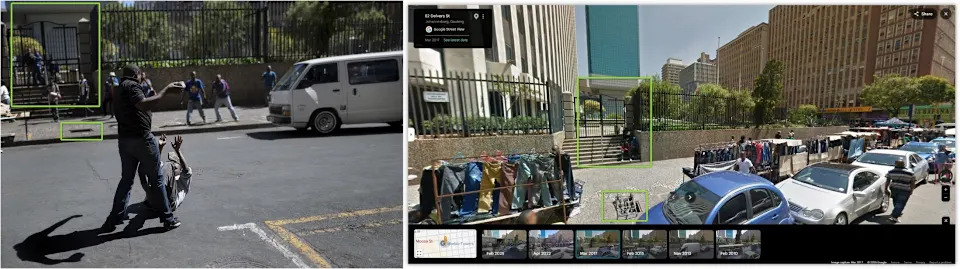 <span>La photo prise par l'AFP en 2015 (à gauche) et une capture d'écran de Google Street View montrant la même rue à Johannesburg en 2017 (à droite) / Encadrés colorés ajoutés par l'AFP.</span>