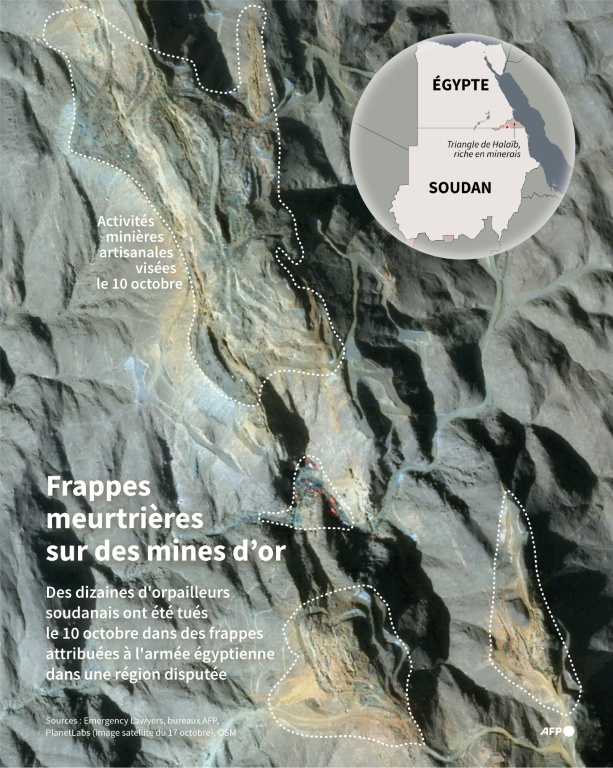 Localisation satellite d'une mine artisanale dans un territoire disputé à la frontière entre le Soudan et l'Egypte, où des dizaines d'orpailleurs soudanais ont péri après une frappe attribuée au Caire le 10 octobre. ( AFP / Omar KAMAL )