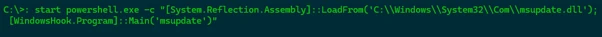 Screenshot of a PowerShell command executed in a terminal window, showing a script that loads a system assembly and retrieves information about a Windows hook program
