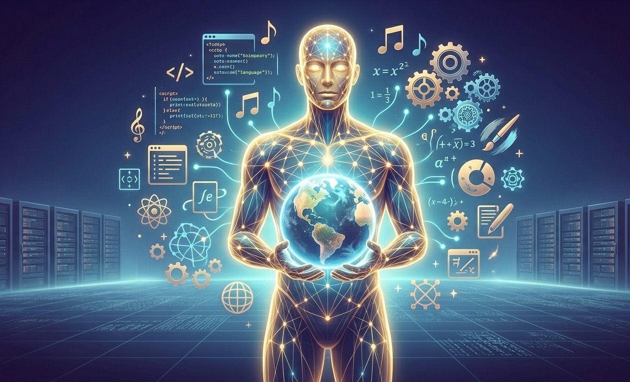 From Phonegram website: A glowing human figure holding a globe, surrounded by digital icons representing science, music, coding, and data - including AI terms - with server racks in the background.