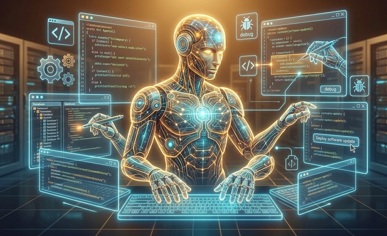 From Phonegram website: A humanoid robot sits at a keyboard in a server room, surrounded by floating digital code, gears, and computer interface elements, symbolizing advanced AI programming and AI matrices.