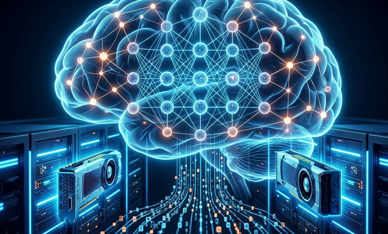 From Phonegram website: A digital illustration of a brain containing a neural network pattern connected to computer servers and graphics cards representing AI and AI terminology computing.