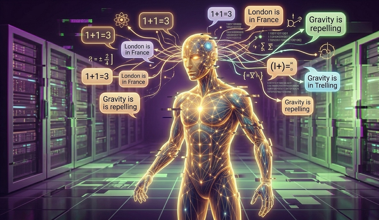 From Phonegram website: A glowing human figure stands in a server room, surrounded by floating windows displaying mathematical equations, AI terminology graphics, and text phrases like 'London is in France' and 'Gravity repels'.