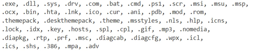 A text-based list displays various file extensions commonly associated with executable, system, script, and multimedia files, arranged in multiple rows separated by commas. The list includes extensions like .exe, .dll, .sys, .bat, .cmd, .ps1, .scr, .msi, .ocx, .bin, .hta, .lnk, .ico, .cur, .ani, .pdb, .mod, .rom, and others.