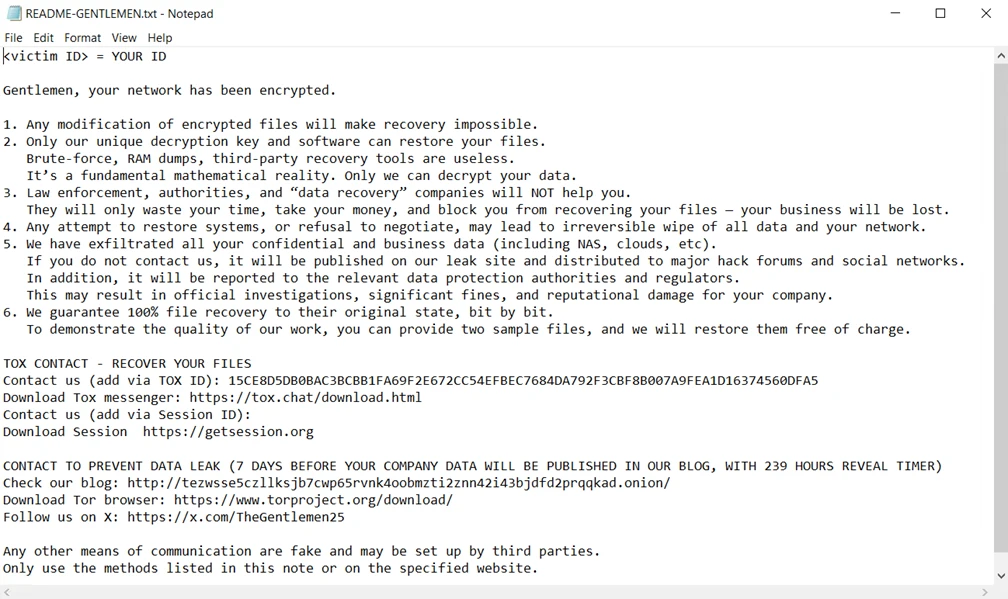 Screenshot of a ransomware note warning that network files have been encrypted and recovery is impossible without a unique decryption key. The note includes instructions for contacting attackers via Tor, threats of data publication if ransom is unpaid, and cautions against third-party recovery attempts.