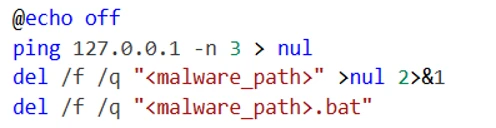 Screenshot of a command prompt script showing commands to disable echo, ping localhost three times, and delete a malware file and its batch script using forced and quiet flags.
